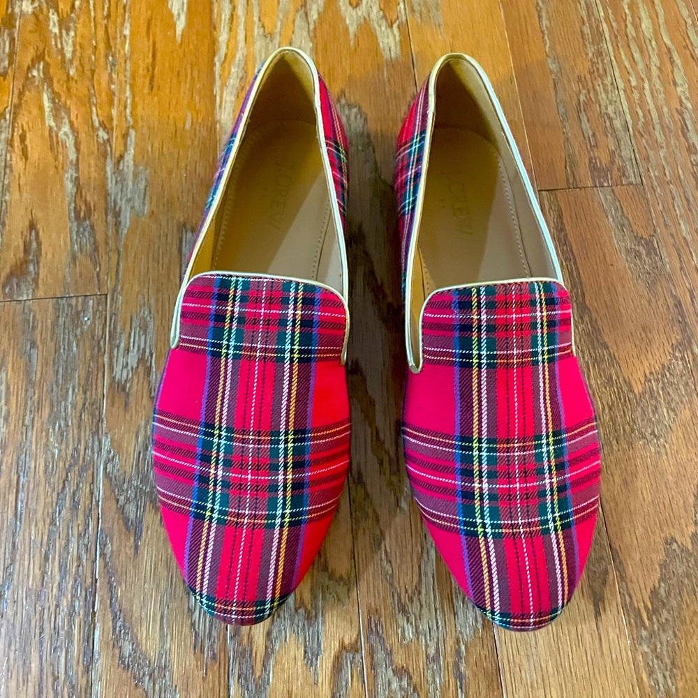 NEW J. Crew Tartan Loafers in Red Black Multi plaid